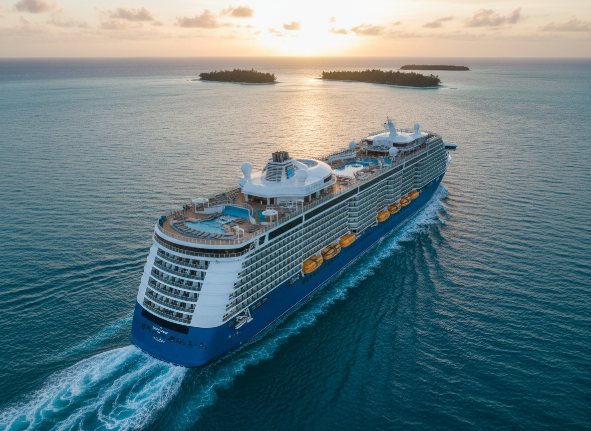 A dramatic aerial view of a luminous blue cruise ship sailing through turquoise water at sunset, conveying premium, all-inclusive cruising and seamless travel planning.