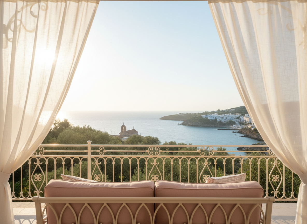 A refined, editorial travel photograph for a luxury travel advisor's 'Start Here' page: a peaceful sunlit coastal destination viewed through an elegant hotel terrace, soft warm cream and blush tones, subtle sense of faith-inspired hope and adventure, sophisticated feminine styling, airy composition with generous negative space for white headline text, no people, no text, no logos, realistic photography.
